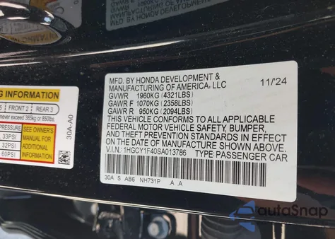 2025 Honda Accord Se from USA, damaged, VIN 1HGCY1F40SA013786